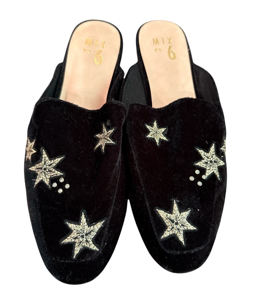 Mix No 6 Alexcina Black Velvet Mules Womens 8 Gold Stars Pearl Slip On Flats
